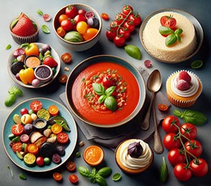 Gazpacho de tomate, Pisto, Risotto, Tarta de queso y cupcake